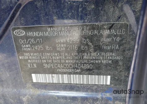 2012 Hyundai Sonata Se from USA, damaged, VIN 5NPEC4AC0CH404890